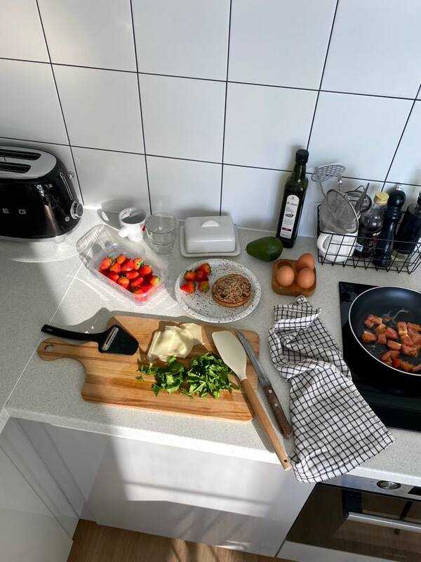 A calm kitchen prep scene with ingredients arranged neatly